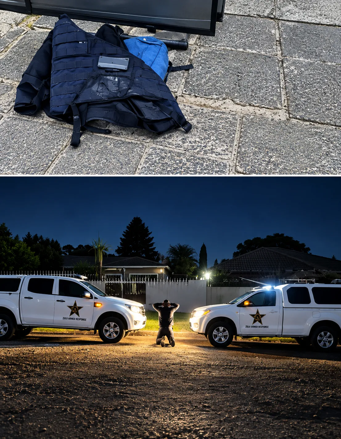 Zulu Armed Response officer beside a patrol vehicle at night